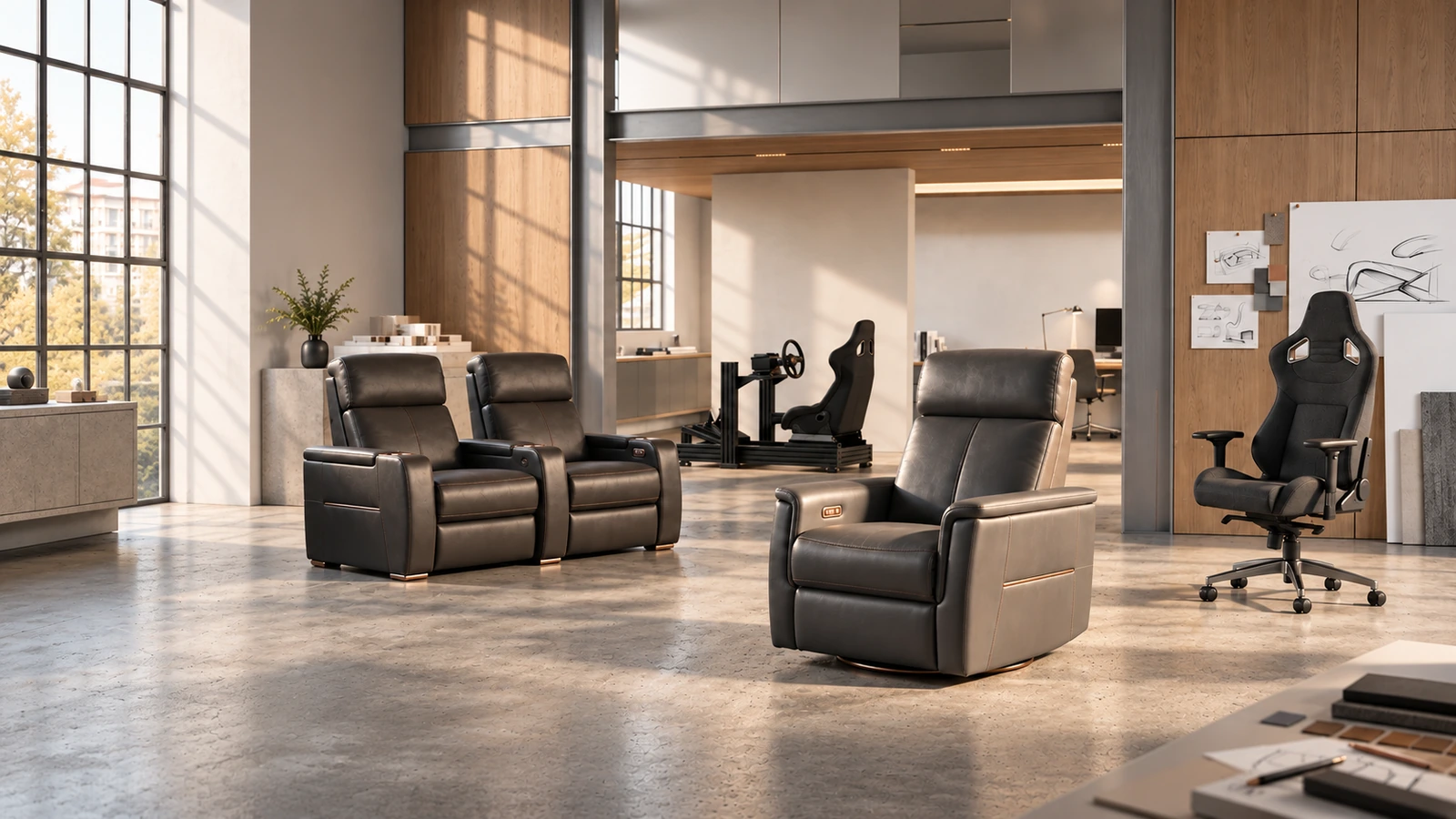 Recliners and motion seating, living room sofas, sim racing cockpit and gaming & ergonomic chair in a modern showroom