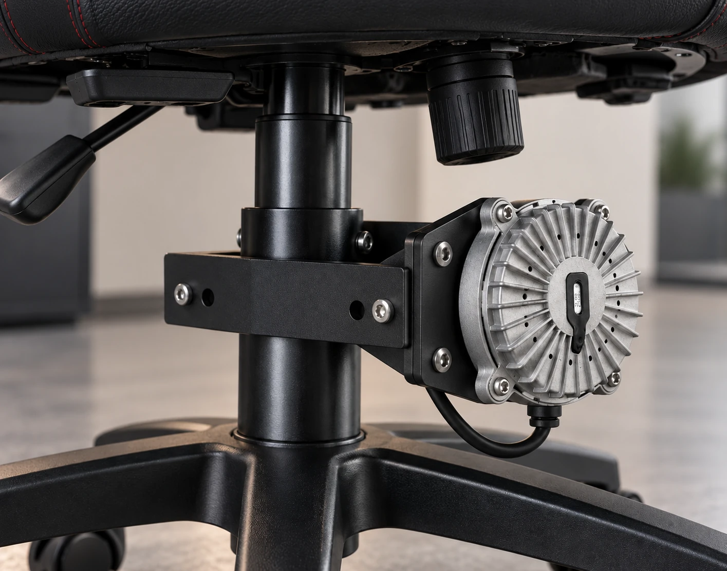 Gaming chair gas-lift mount with clamp bracket and Core Shaker