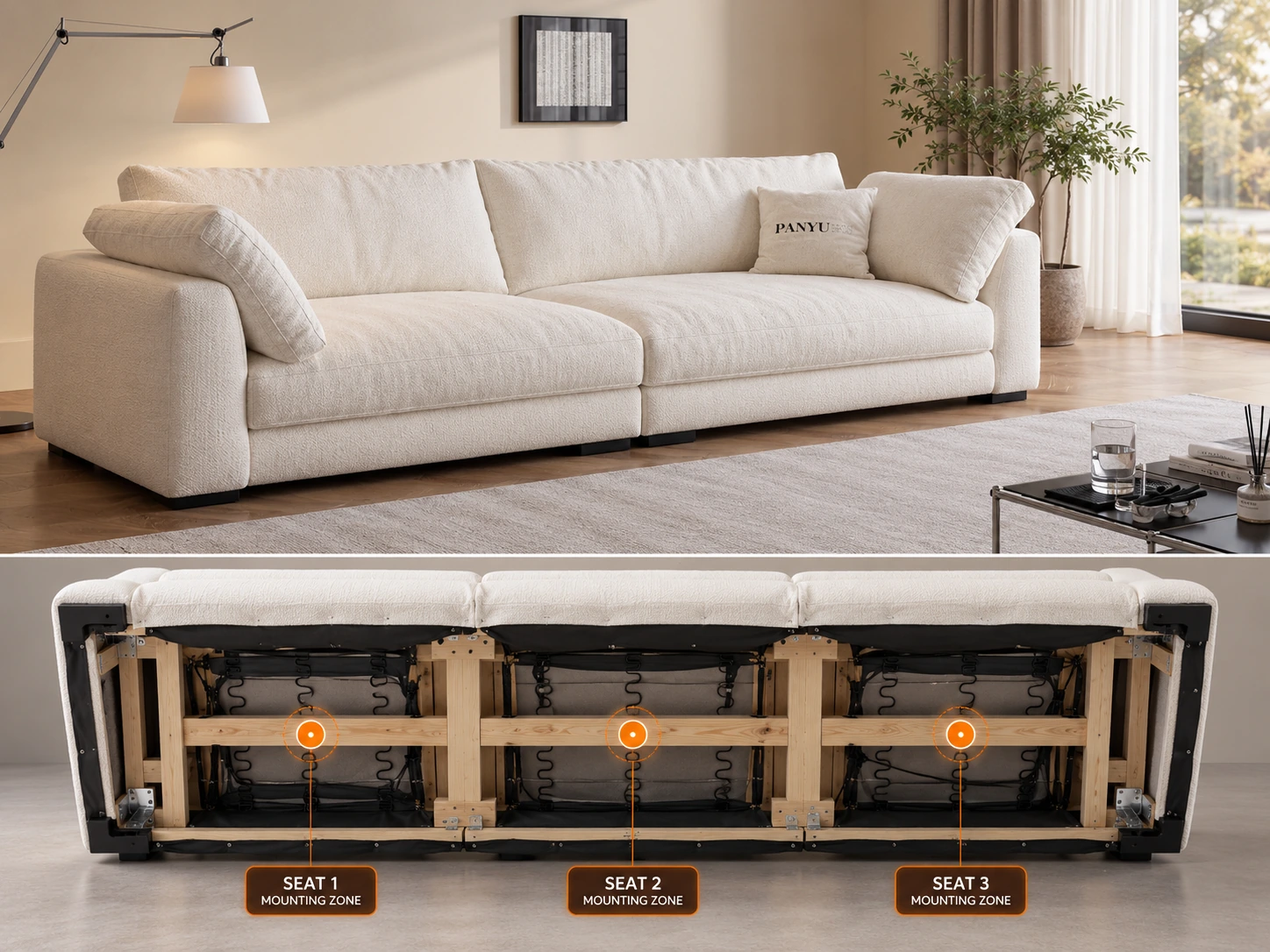 Living room sofa underside showing three tactile transducer mounting zones