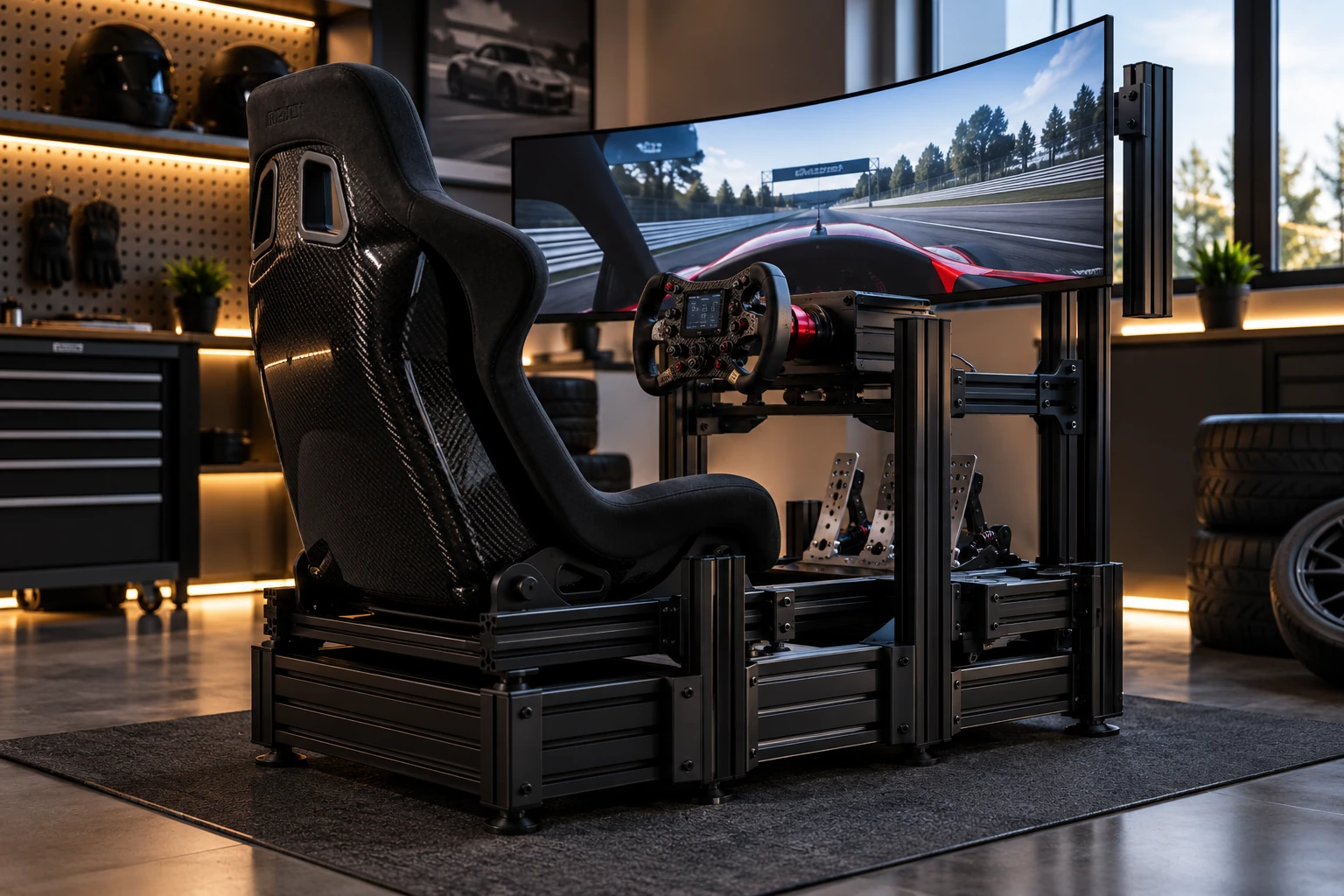 Black aluminum-profile Sim Racing cockpit with bucket seat, wheel and pedals