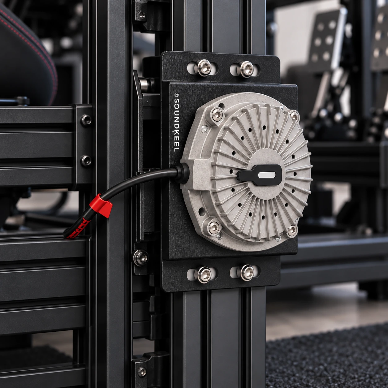 Core Shaker mounted to an aluminum-profile simulator frame with SoundKeel bracket