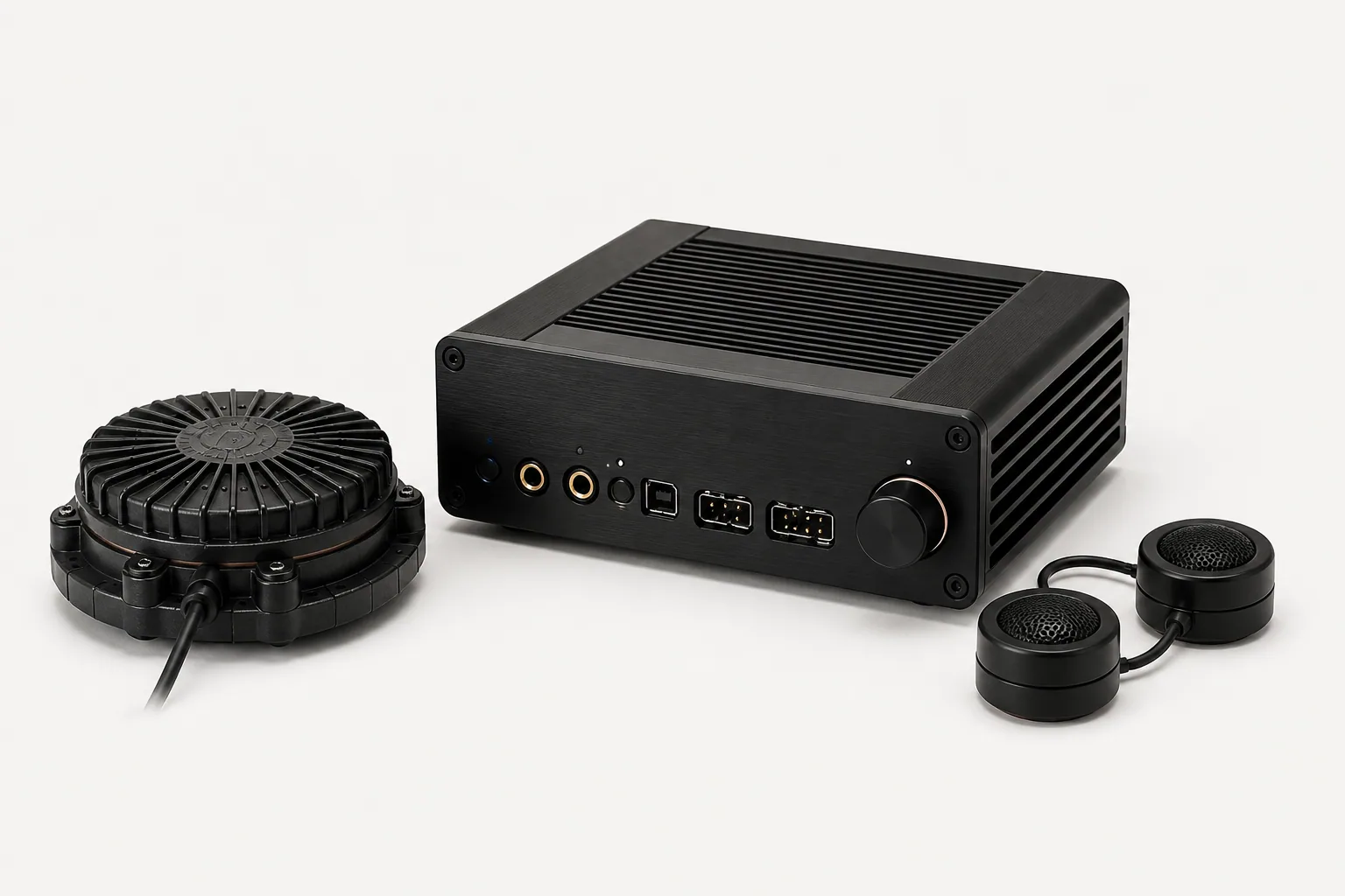 Concept arrangement of a SoundKeel amplifier, Core Shaker and compact speakers